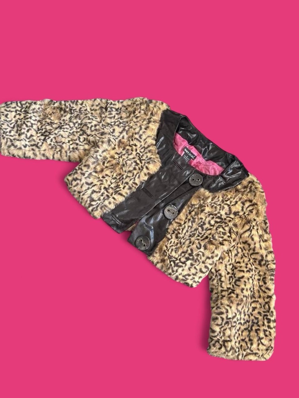 Vintage Y2K Faux Fur Leopard Print Cropped Jacket with Faux Leather Trim